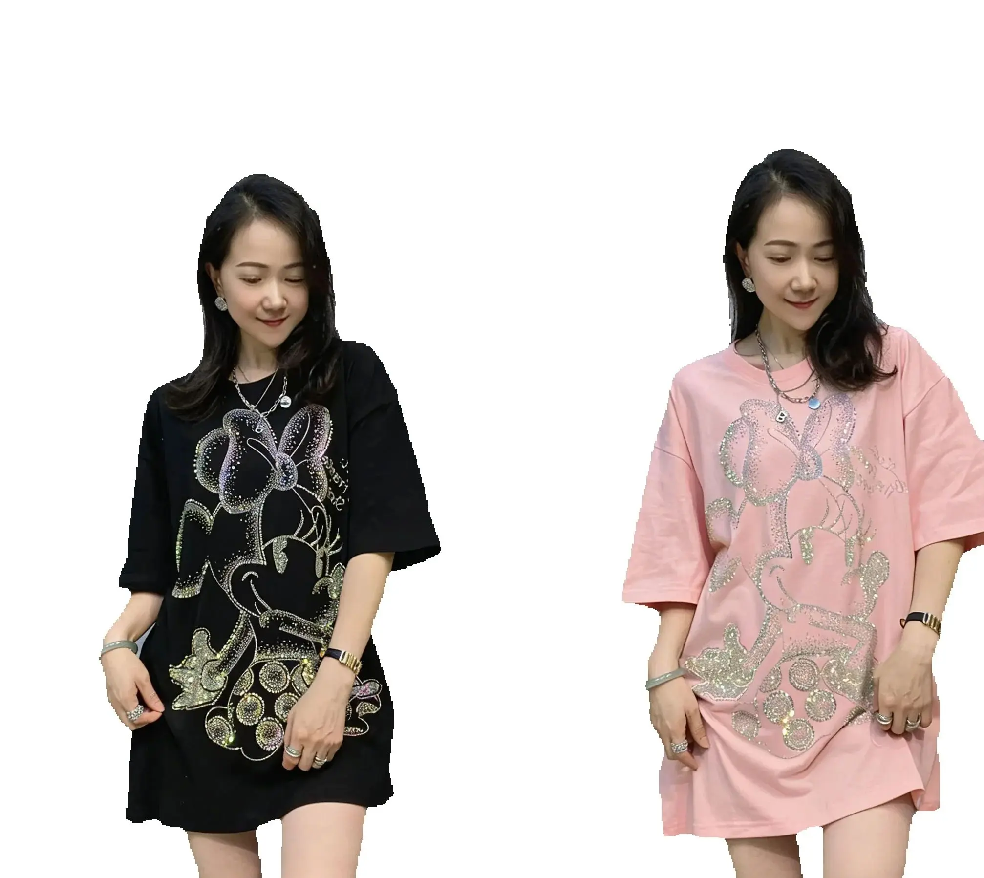 

Женские футболки оверсайз, универсальные, весна-лето, однотонные, средней длины, хлопковые, с милым Микки и стразами, с круглым вырезом, повседневные топы