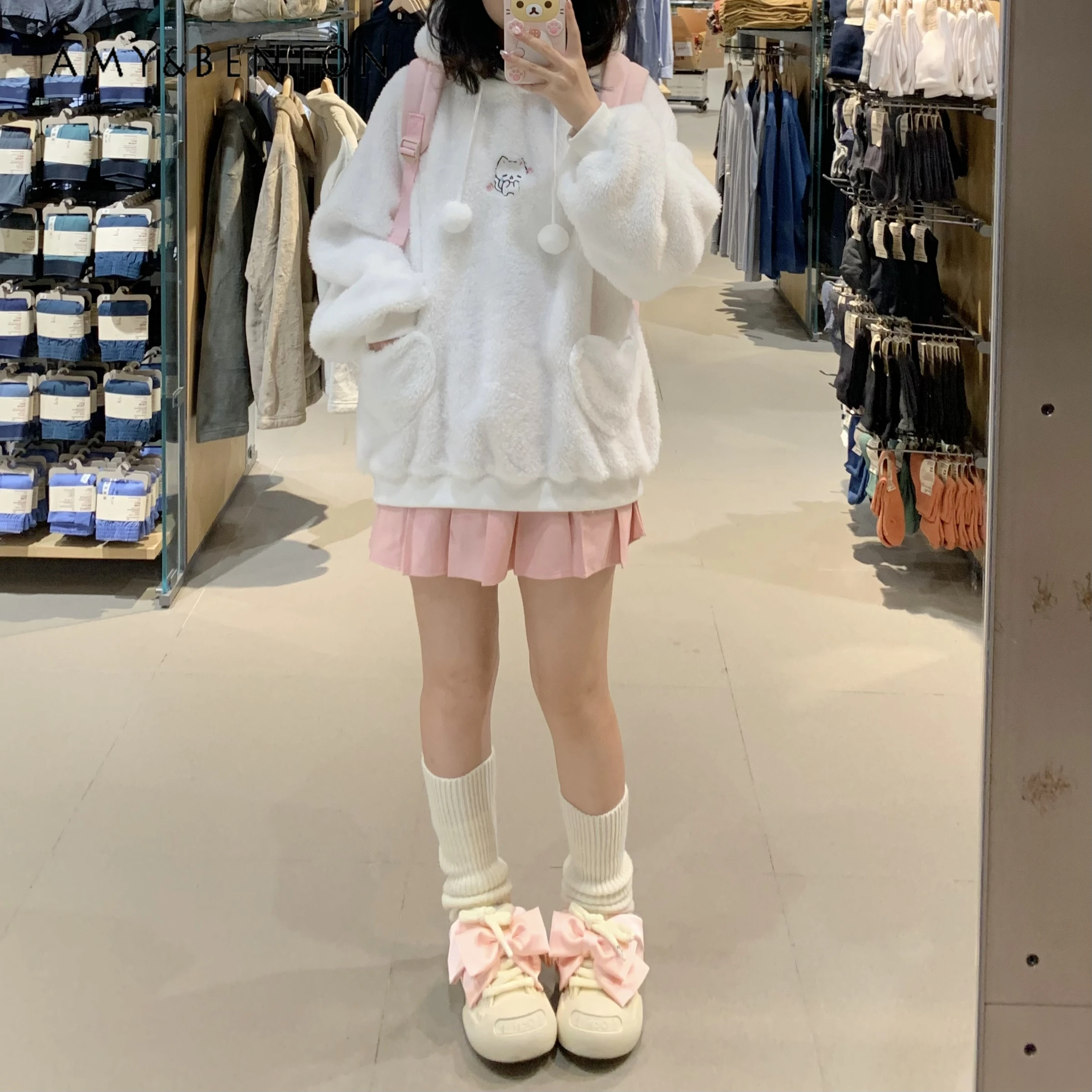 Winter Sweet Cute Printed Double-Sided Plush Pajamas Set Kawaii Embroidery Cat Ear Hooded Sweatshirt Loose Short Sleepwear Women