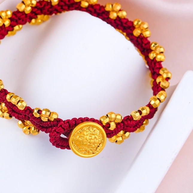 National style, abundant fruits, red rope, yellow god of wealth bracelet, autumn and winter weaving, layered and worn, hand rope