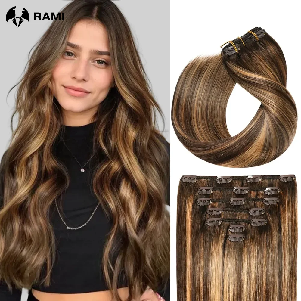 

100% Human Hair Extensions For Women 7Pcs Clip In Remy Hair Wefts For Lady P4/27 Natural Clips Hairpieces Straight Hair