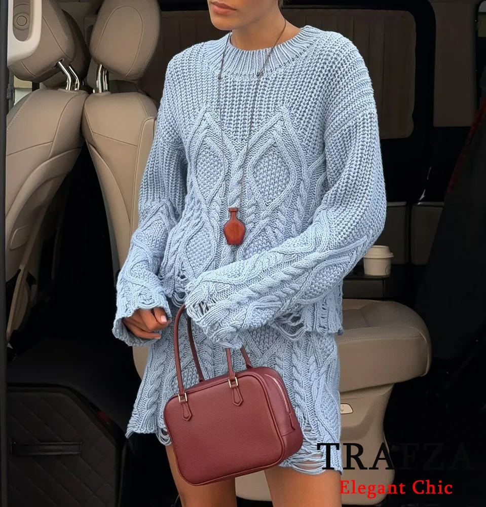 TRAFZA Women Fashion Knitted Sweater Skirt Set Cutout Design Diamond-patterned Sweater&Skirt New Fall High Street Skirt Set