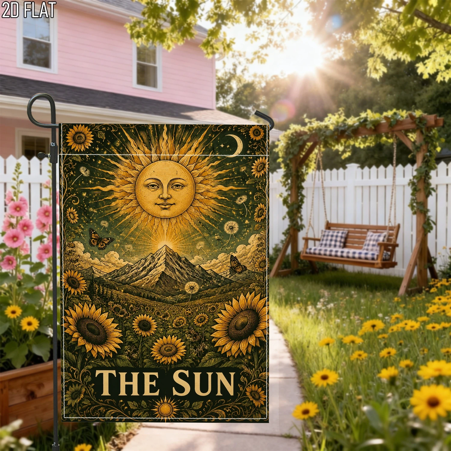 1pc The Sun Tarot Garden Flag Vintage Boho Sunflower Mountain Yard Flag for Outdoor Lawn Decor