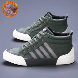 Fashion Green High-Top Canvas Shoes Men's Winter Sneakers 2024 Warm Fur Shoes Comfortable Lace-up Casual Sneaker Man Espadrilles