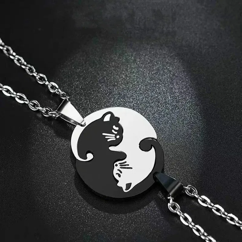 Cute Cat Couple Necklaces Stainless Steel  YinYang Taichi Bring Good Luck Pendant Necklace for Lover Friends Gift Jewelry