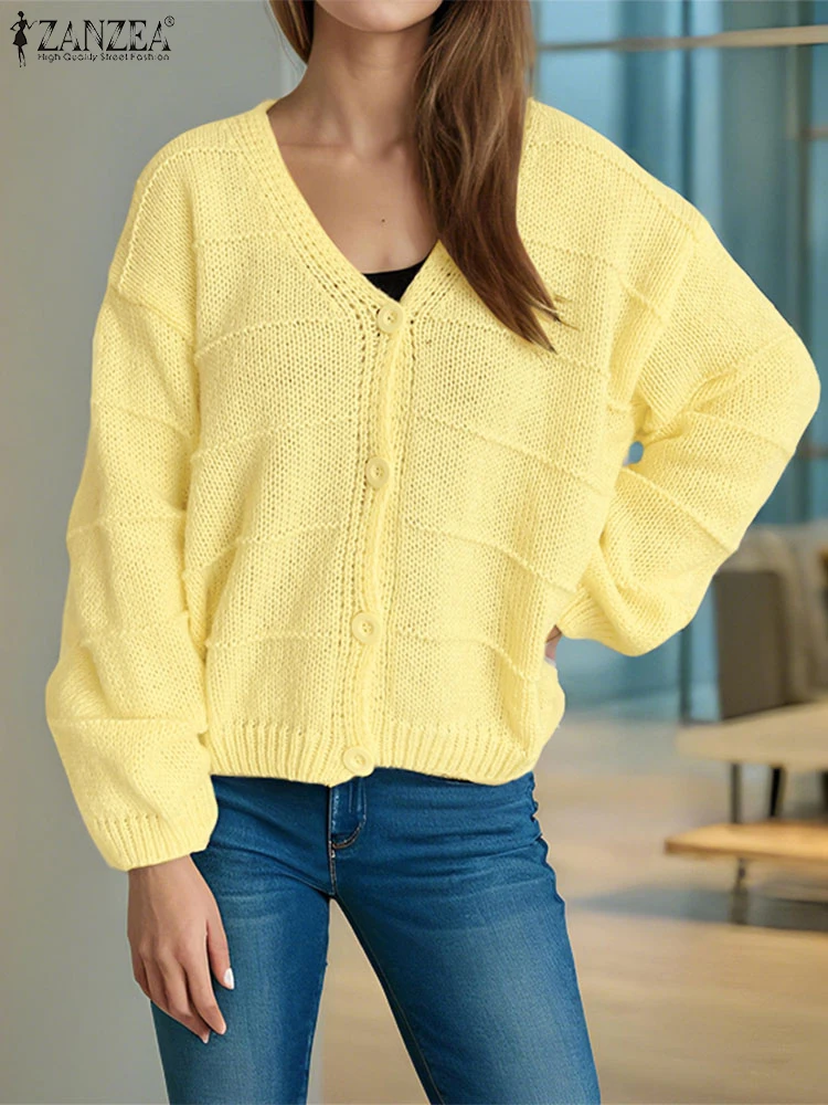 

ZANZEA FW 2025 New Women Knitting Sweaters Loose Cozy V-Neck Long Sleeve Oversized Cardigan Sweater Solid Color Woman Clothes