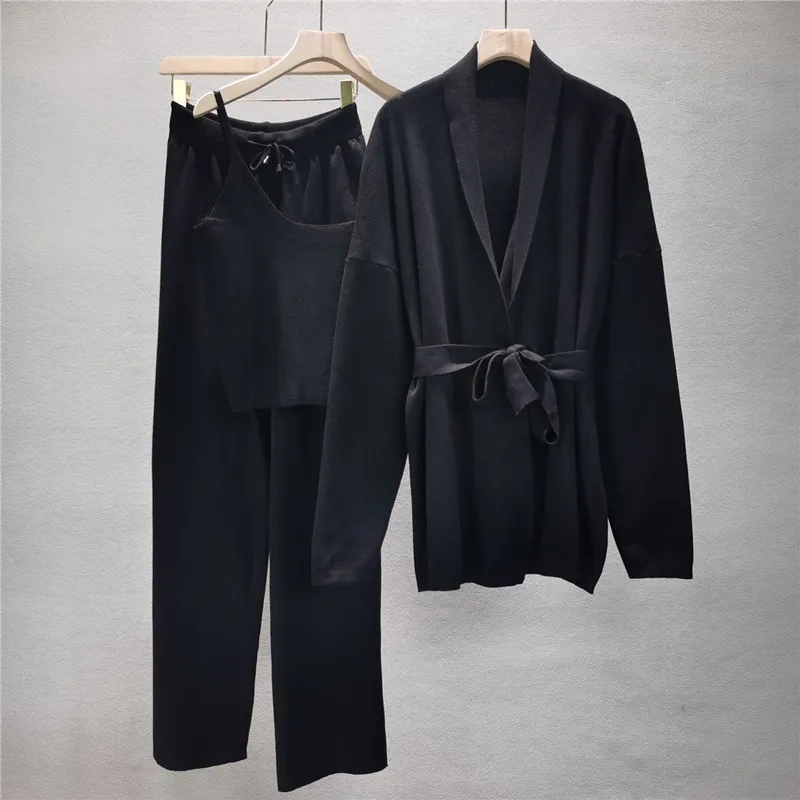 2023 Autumn Solid Knitted 3 Piece Sets Women Elegant Strapless Top and Long Pants Suit Long Cardigan Outfits