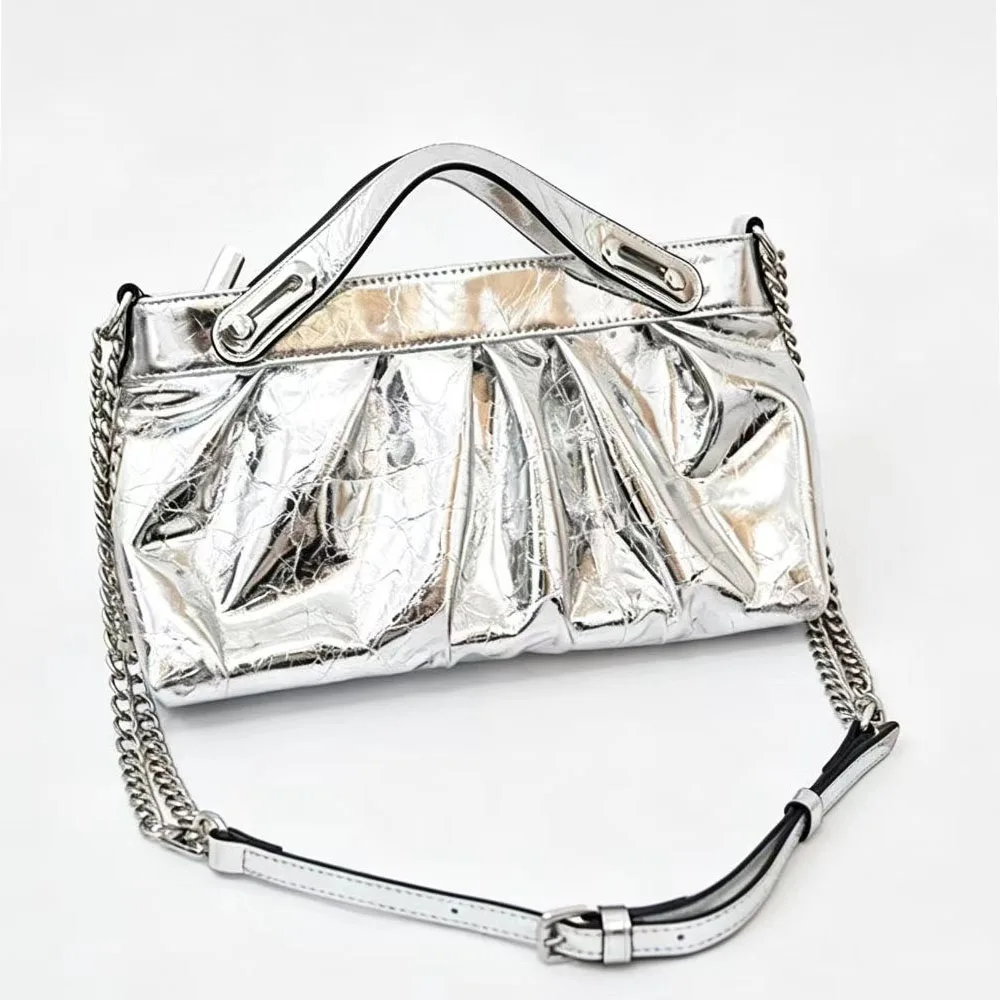 

Crinkle Ruched Women Cow Leather Clutch Bag Chain Strap Crossbody Shoulder Evening Bag Ladies Cowhide Top Handle Handbag
