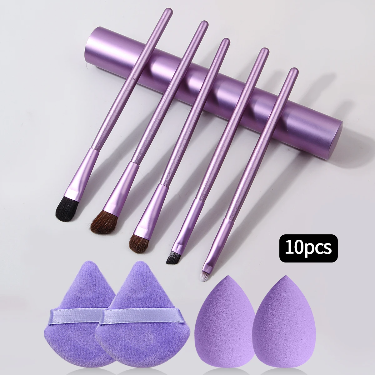 Set di pennelli per trucco occhi multifunzionali con tubo in alluminio viola da 10 pezzi e spugna triangolare per trucco che non si ostruisce