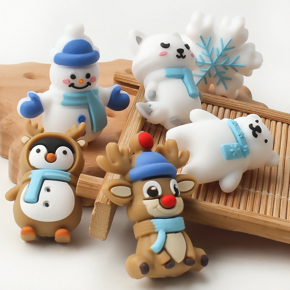 5/10/20/50PCS 3D Winter Christmas Themed Silicone Beads, 3D Blue Snowflake ,Snowman, Reindeer,  Penguin Focus Beads for Jewelry