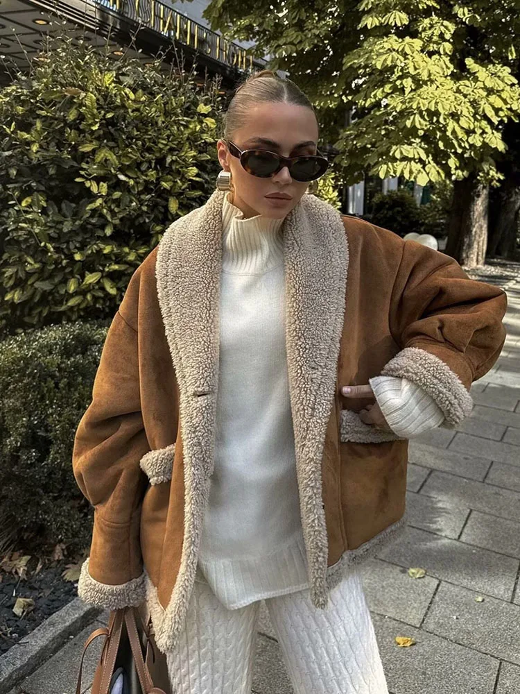 Suede Leather Lapel Lamb Wool Loose Jackets Women Winter Fashion Chic Pocket Thicken Long Sleeve Cropped Coats Female Outerwears