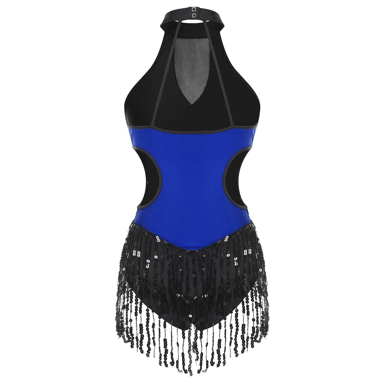 Women Sparkling Sequined Latin Cha-Cha Dance Dress Fringed Jazz Leotard Dancewear Patchwork Bodysuit Sleeveless Party Performace