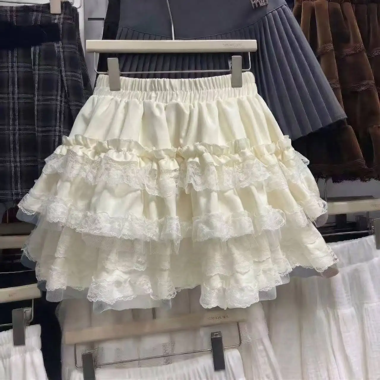 Harajuku Kawaii Lolita Skirt Women Sweet Lace Patchwork Fluffy Mini Skirt Y2K High Waist Princess Cake Skirt Female New
