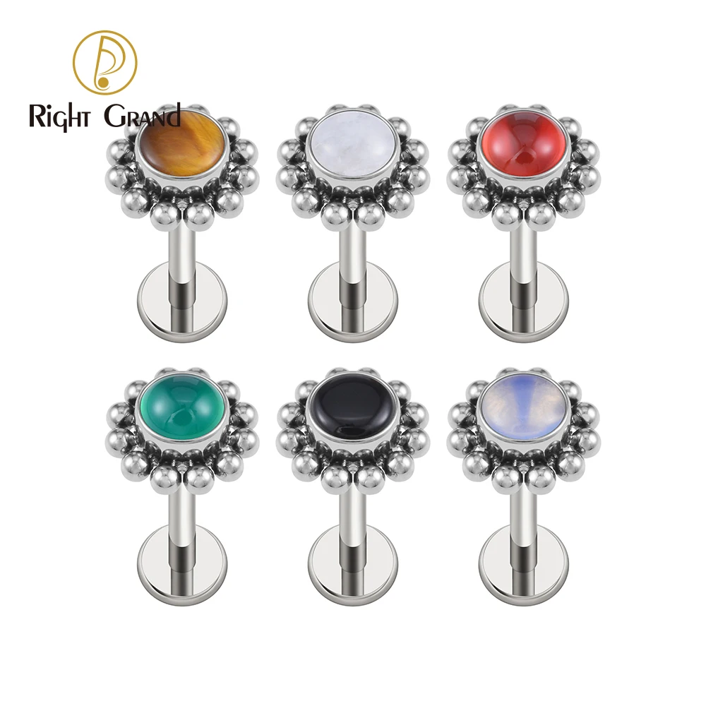 Right Grand ASTM F136 Titanium 16G Flower Labret Stud Earring with Semi Precious Stone Helix Cartilage Tragus Conch Piercing