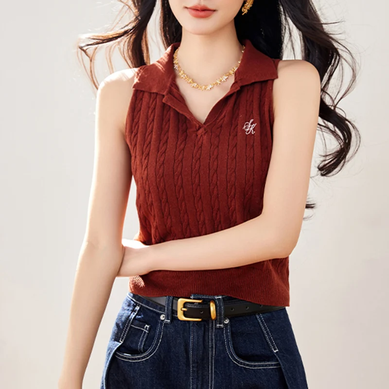 แขนกุด SLIM FIT เสื้อกั๊กสําหรับเสื้อผ้าผู้หญิงฤดูร้อน 2025 ใหม่สีทึบเสื้อโปโลเสื้อยืด Street Casual อเนกประสงค์ Crop TOP