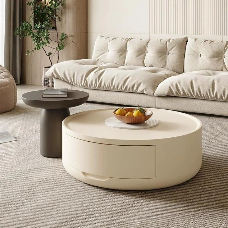 Cream style coffee table small apartment simple modern round solid wood combination side removable light luxury household