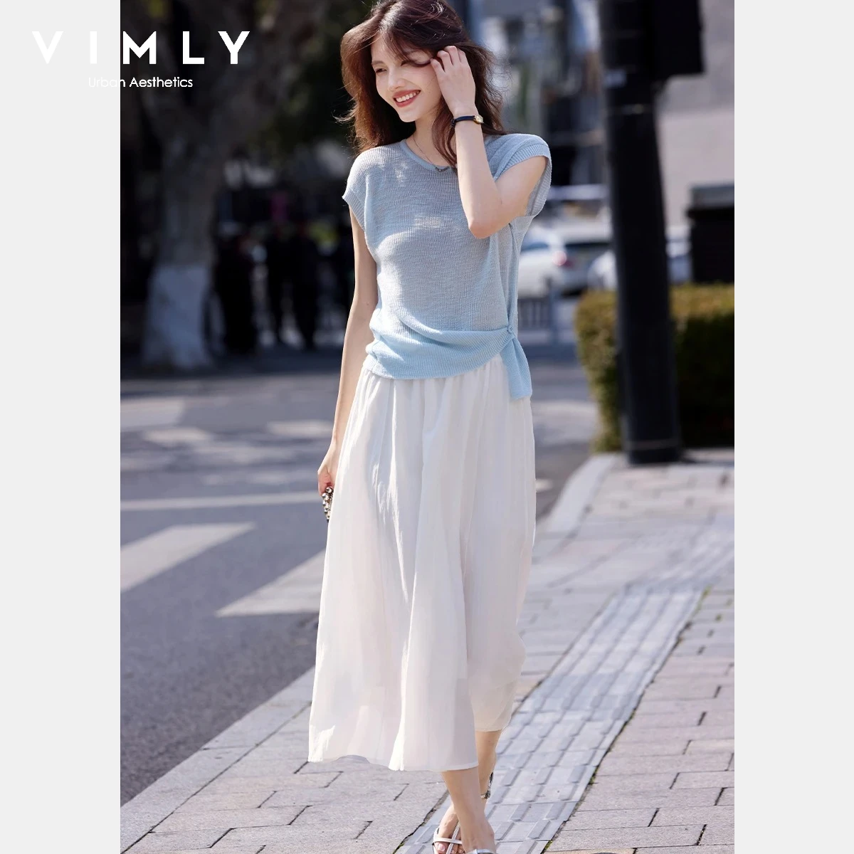 VIMLY Women Blue White Korean Casual Suit Summer 2026 New Sleeveless Top Skirt Two-piece Set Elegant Commute Outfit 31175
