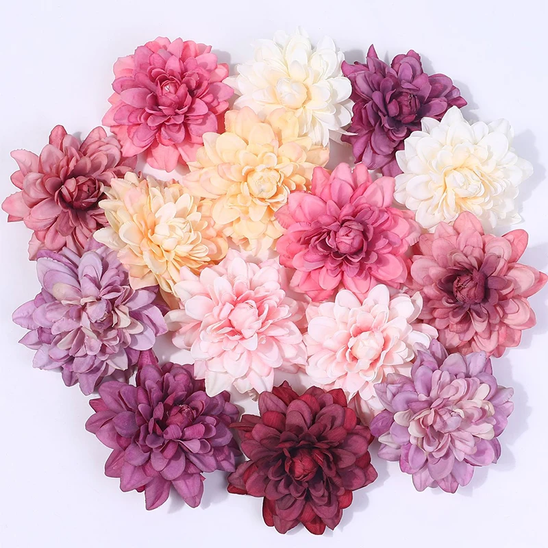 2/5Pcs Dahlia Flower Heads Artificial Flower For Home Decor Fake Flowers Wedding Party Wreath Silk Dahlia Crafts Gift Accessory