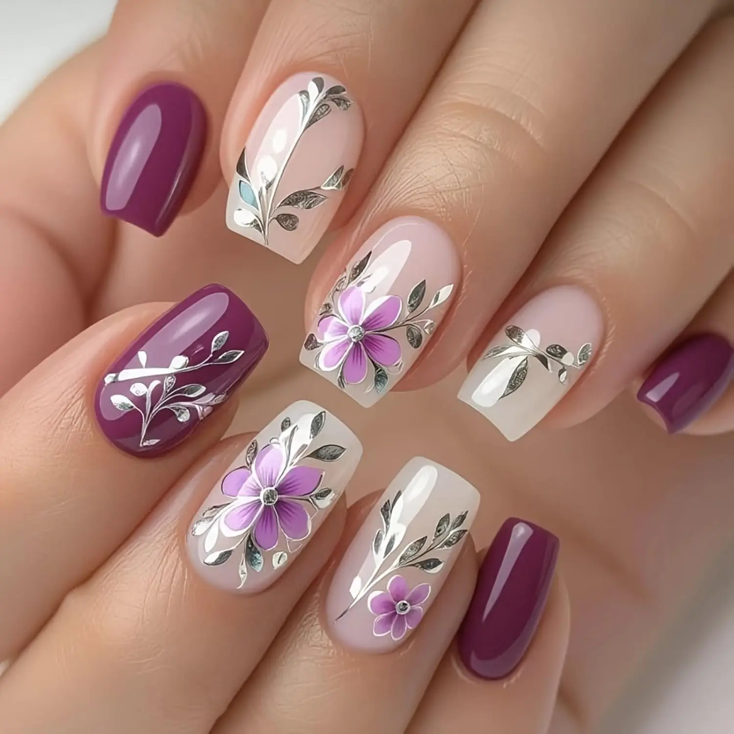 Purple Press on Nails Medium Fake Nails Spring Flowers False Nails with Silver Leaves Design Summer Artificial Nails Floral