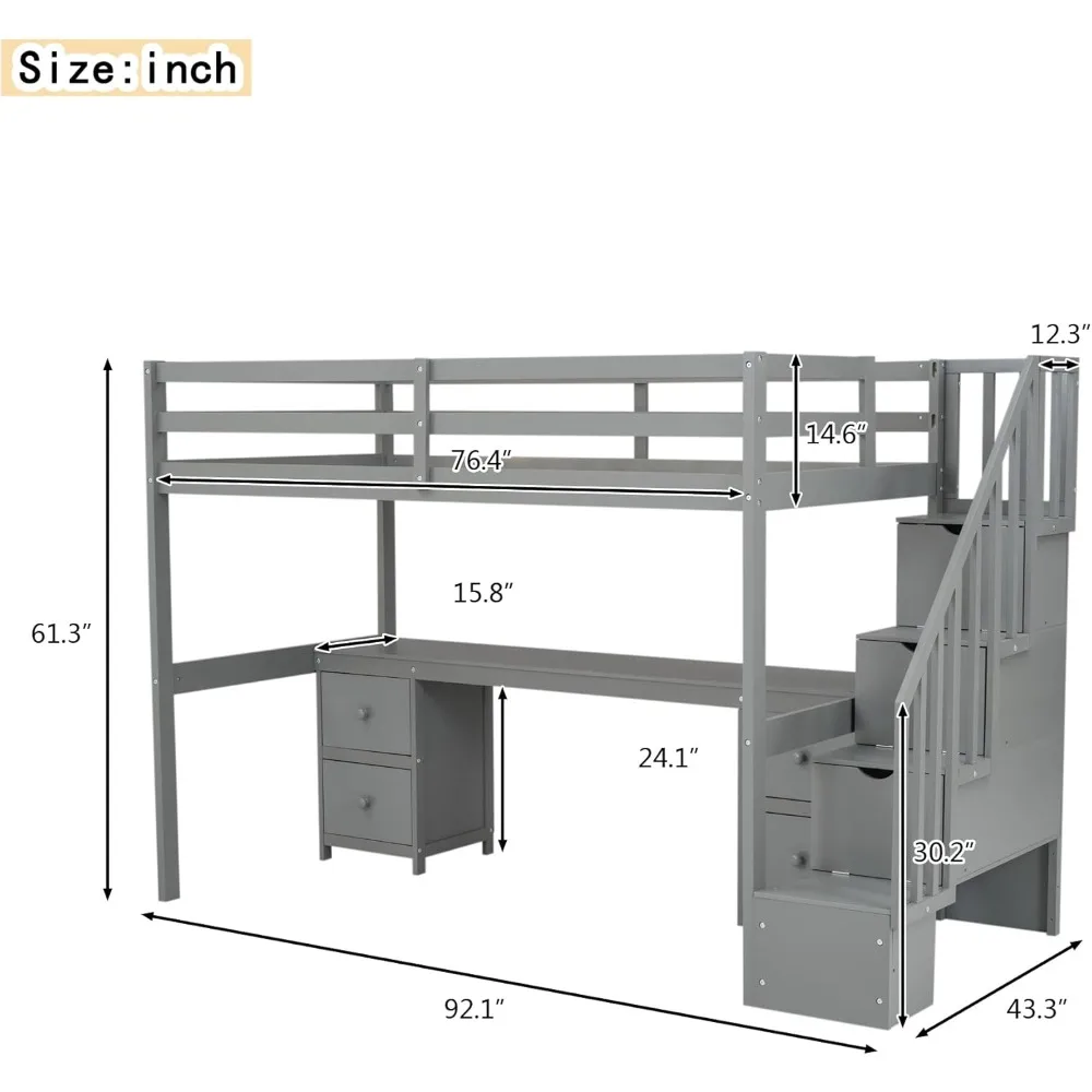 Twin Size Loft Bed with Stairs and Desks, Wood Loft Bed Frame with Storage Drawers, Gray