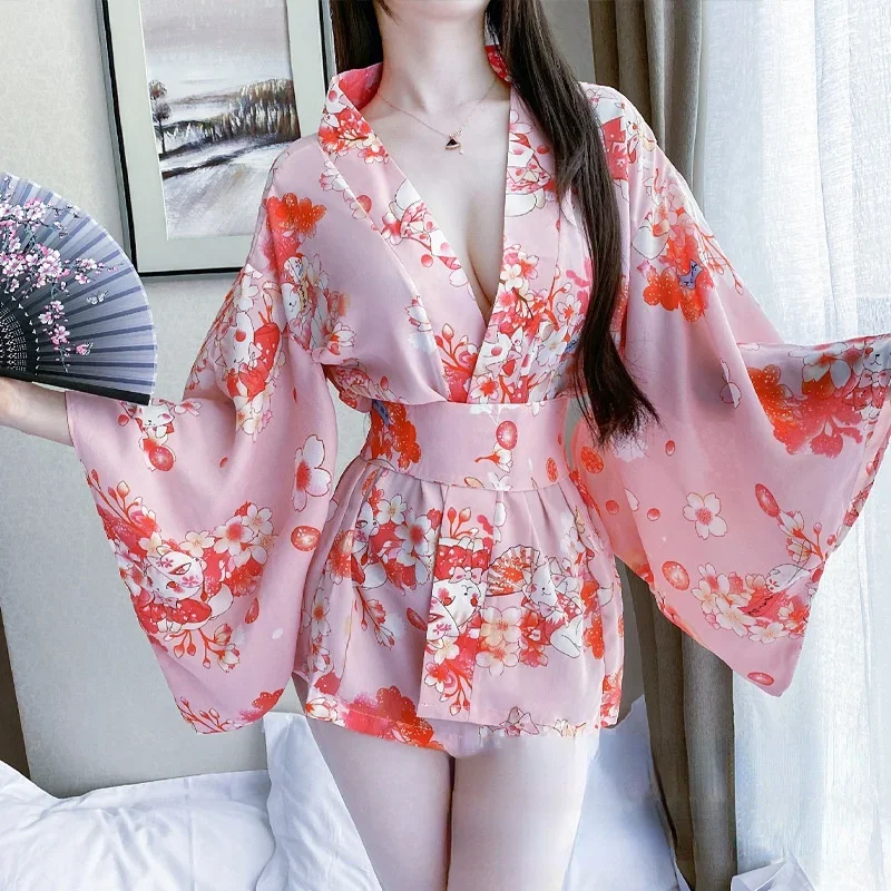 Pink V-neck Chinese women sleepwear robe half sleeve sexy long kimono blouses print flower novelty nightgown bathrobe