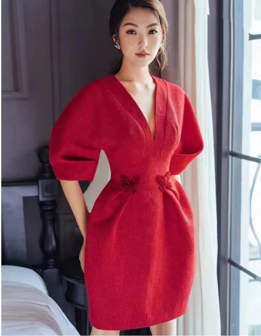 New Autumn Winter Christmas And New Year Party Dress Women V Neck Puff Sleeve Red Tweed Beading Butterfly Pockets Slim Vestidos