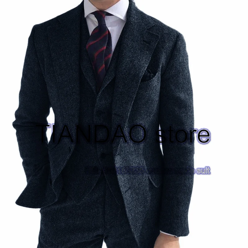 Men's Suit 3 Piece Herringbone Wool Formal Business Blazer Pants Vest Winter Slim Fit Jacket Set terno masculino