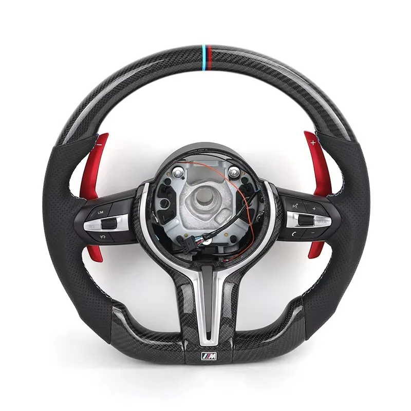 

Carbon Fiber Black Punching Blue Stripes Red Narrow Oars Sports Flat Base Steering Wheel for Series M3 2 Series Without airbags