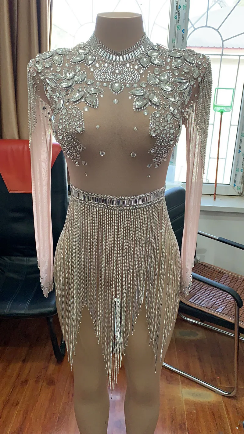 Sexy malha de luxo strass festa aniversário macacão triângulo garfo alto palco desempenho terno vestido gala noche mujer elegante