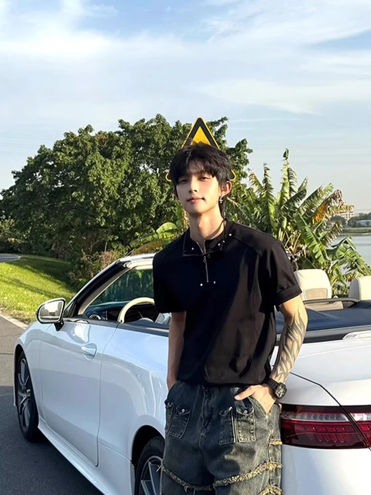 

Cleanfit Bla Zipper oulder Pad ort Sve Men's T-irt Rivet Design Summer Faionable Casual Loose Fit Antibacterial