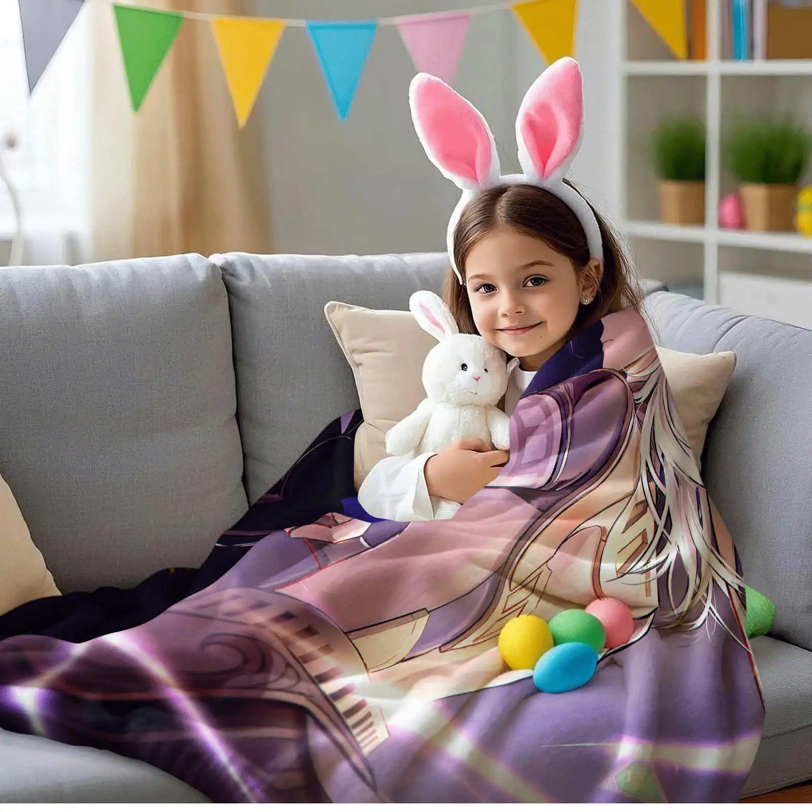 1PC Genshin Impact Thunderbolt Cartoon Flannel Blanket Lightweight Cozy Throw Blanket for Couch Sofa Bedroom Camping Kids Gift