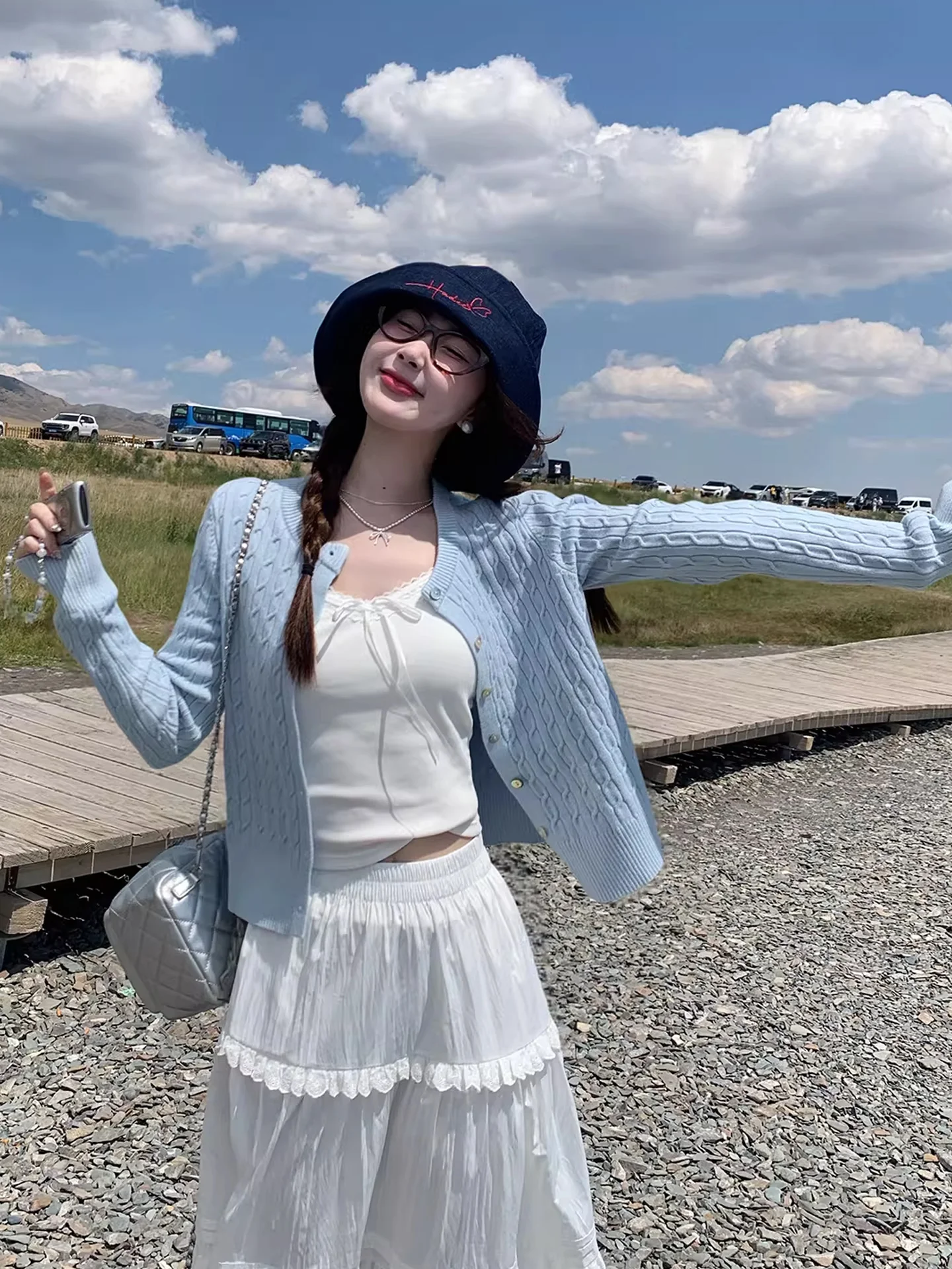 

Blue Knitted Twisted Sweater Coat Women's Spring Autumn Soft Casual Sle Korean Faion Long Sve Button up Top