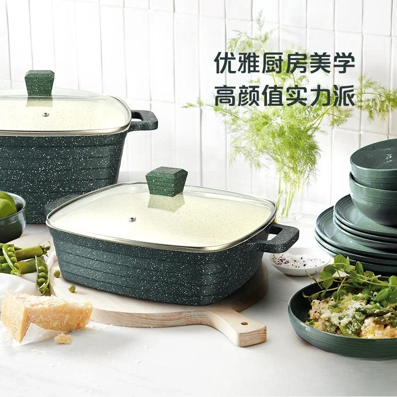 Padella antiaderente quadrata per uso domestico, combinazione da cucina con padella in alluminio pressofuso a strisce