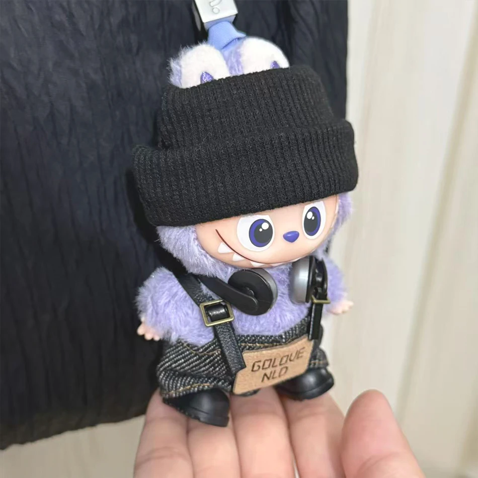 For Mini Labubu Pin For Love Black Bib Overalls Hairband V4 Doll Accessories Plush Doll Outdoor Keychain Lovely Outfit Toy Gifts