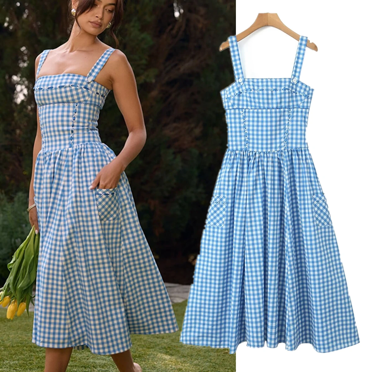 Withered Girls Blue Plaid Sleeveless Summer Dress Tank Dress Women French Elegant Fashion Vintage Slim Fit Sexy