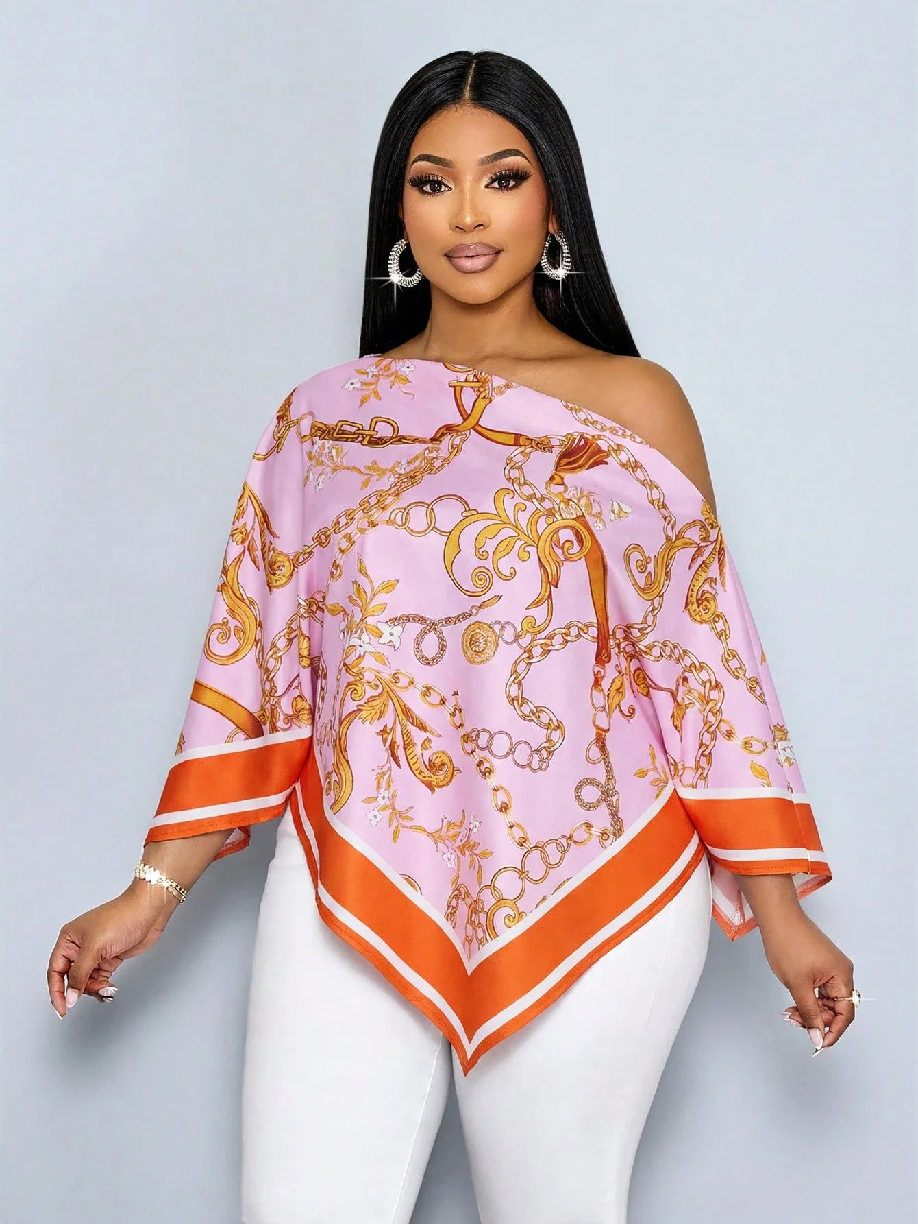 

Женская блузка больших размеров с открытыми плечами, асимметричным шарфом, цветочным принтом и цепочками, повседневная, для отпуска