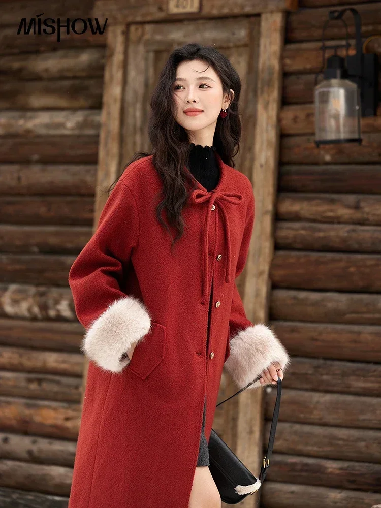 MISHOW Retro Red Tweed Jacket Christmas Spliced Fur Cuff Soft Cotton Clip Thick Warm Midi Coat Cardigans Office Lady MXD58W0660