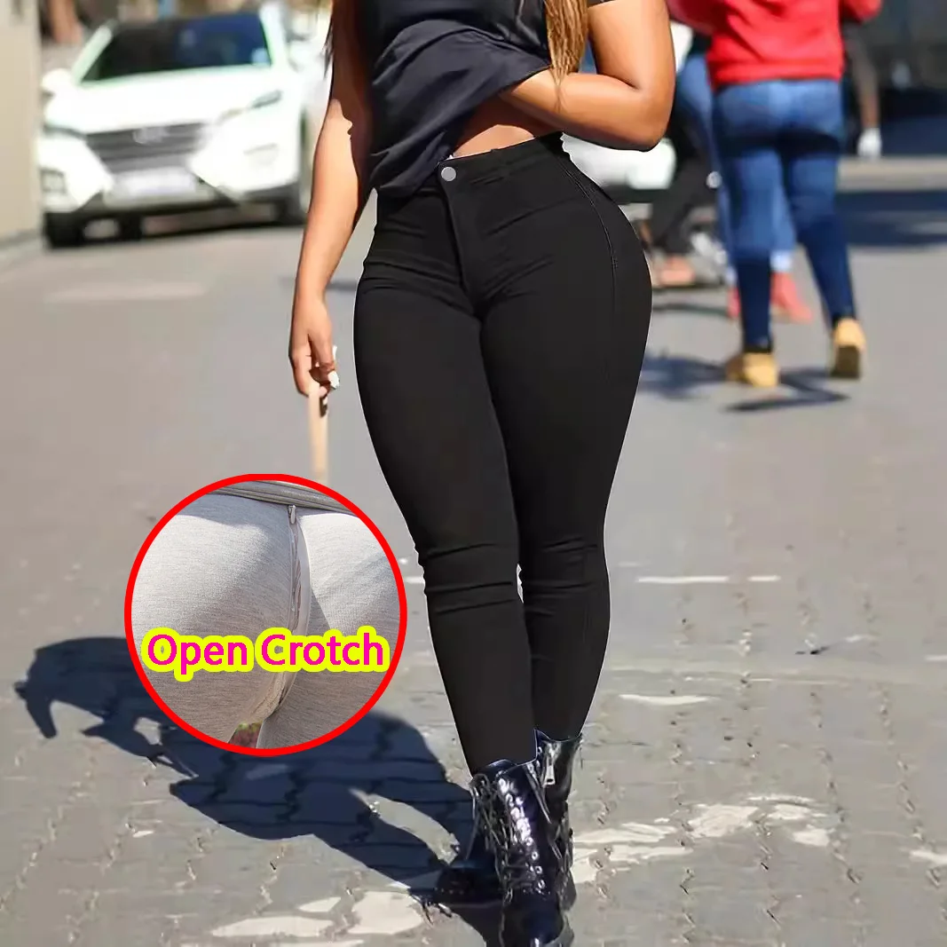 Woman Open Crotch Fake Jeans Leggings with Pockets Hidden Zippers Tight High Rise Hot Pants Erotic Crotchless Panties Clubwear