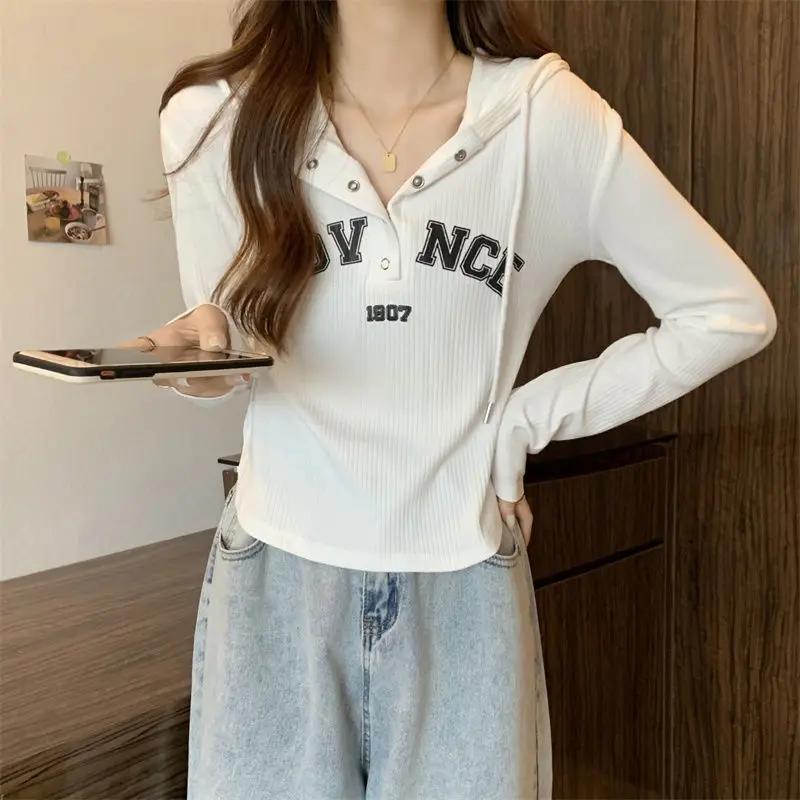 Fashion Long Sleeve Printed Letter Button Hooded T-Shirts Female Clothing 2024 Autumn New Loose Korean Tops Casual Tee Shirt