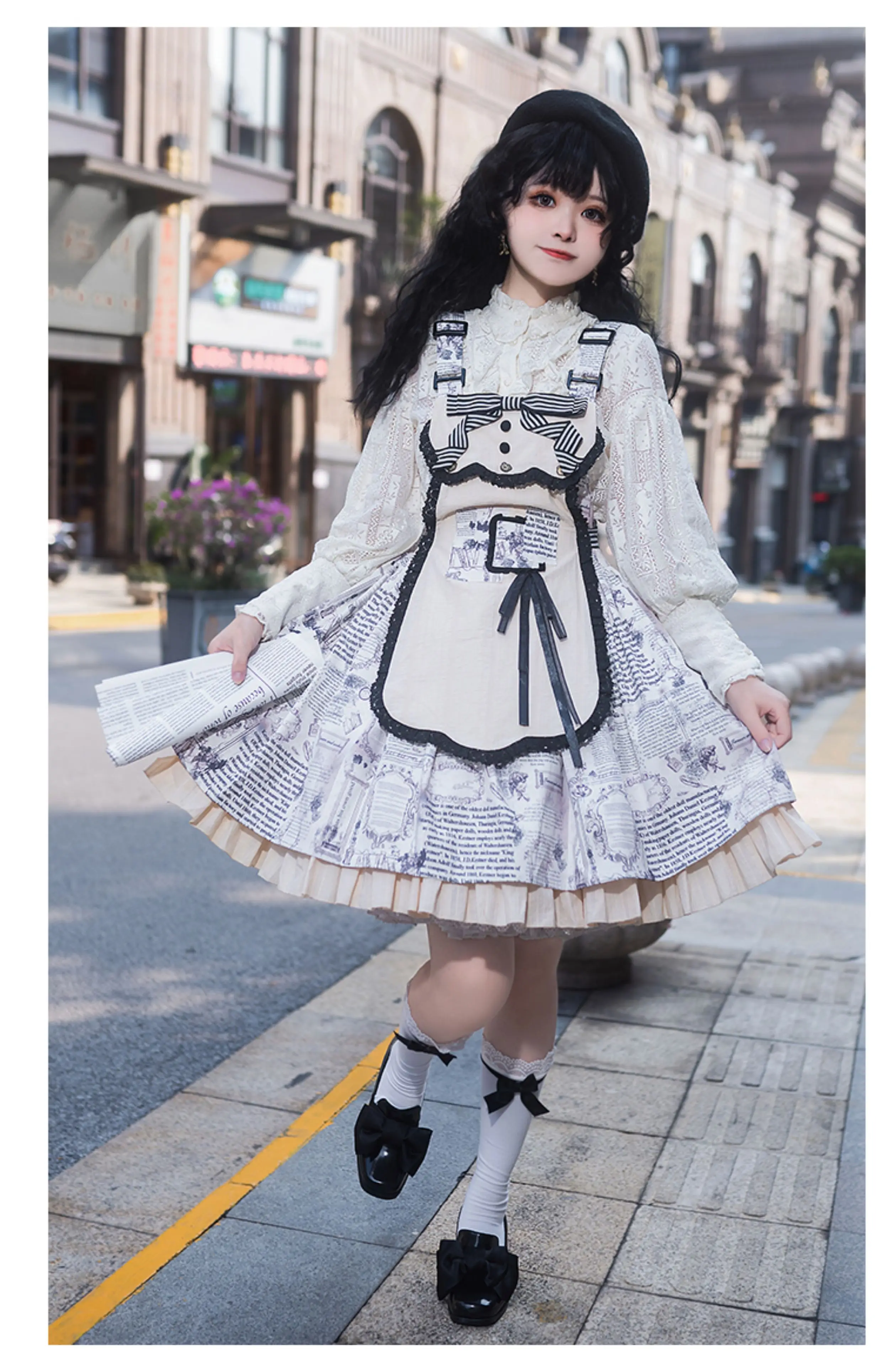 Primavera Autunno Vintage Grembiule staccabile Stampa Lolita Abito con cinturino al collo quadrato Dolce fiocco Ragazze Vita alta A-line Grandi abiti altalena