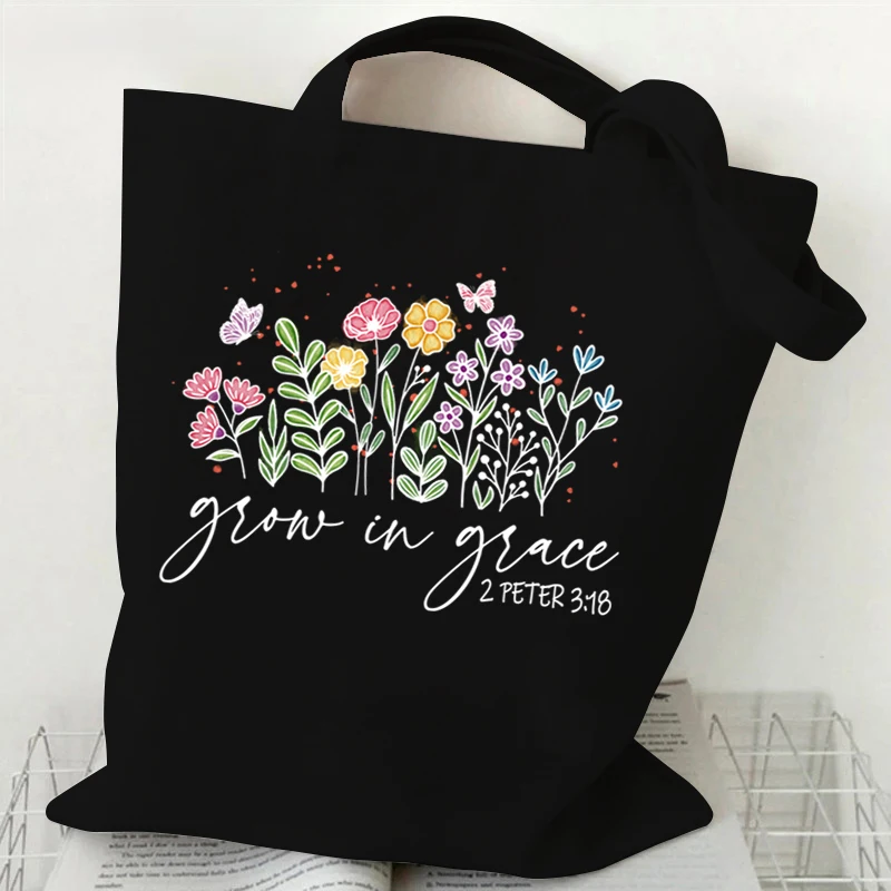 Gift for Christian Canvas Shopping Bag Grow in Grace Religious Christian Faith Pattern Shoulder Bags Wildflower Women's Handbags