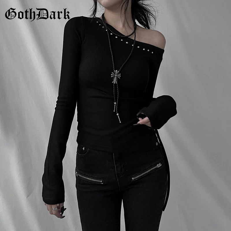 Goth Dark Cyber Y2K Chic Rivet Skew Collar T-shirt Mall Goth Hem Split Lace-up Pullovers Knit Tops Women Slim Techwear T-shirts