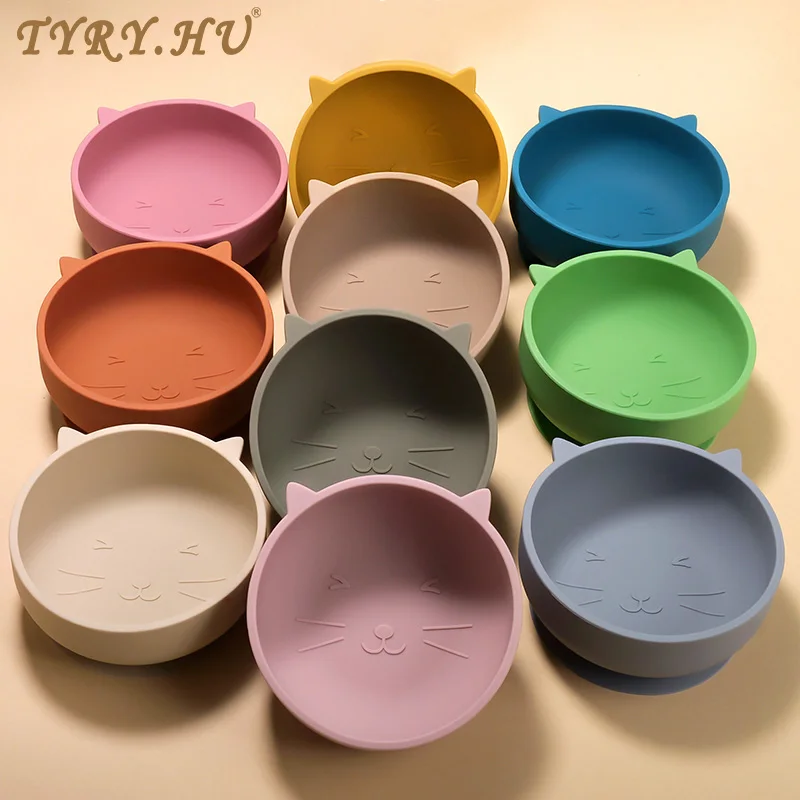 TYRY.HU 1pcs Baby Soft Silicone Sucker Bowl Cute Cat Plate Cup Bibs Spoon Fork Sets Non-slip Tableware Baby Feeding Dishes