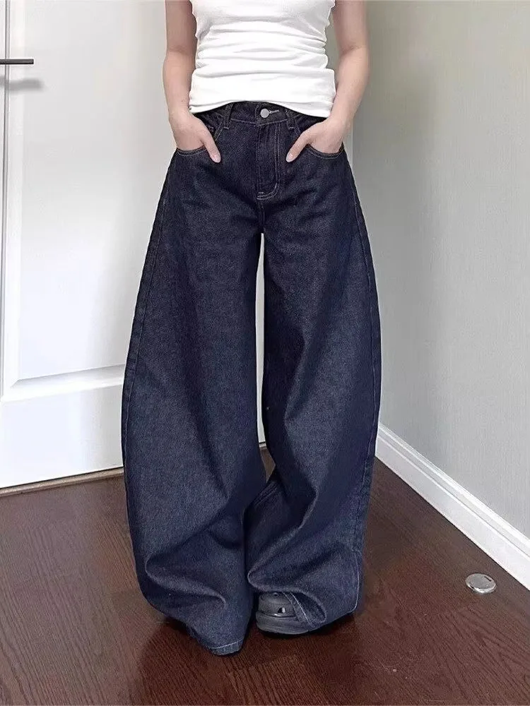 Y2k Harajuku Vintage Jeans High Waist Pockets Solid Loose Wide Leg Pants Spring Autumn Simple Trousers All Match Women Clothing