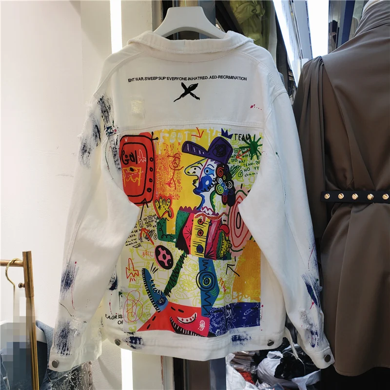 Fashion Hand Painted Character Graffiti Print Women Denim Jacket Spring Autumn Casual Hole Jeans Coat Female Outwear Streetwear