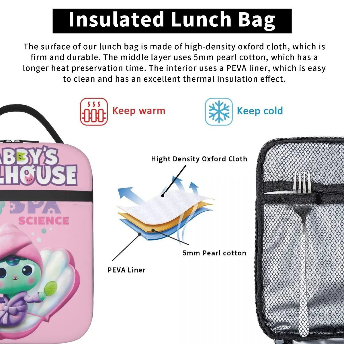 Kids Love Gabby's Dollhouse MerCat Spa Science Merch Insulated Lunch Bag Food Storage Bag Reusable Thermal Cooler Lunch Boxes