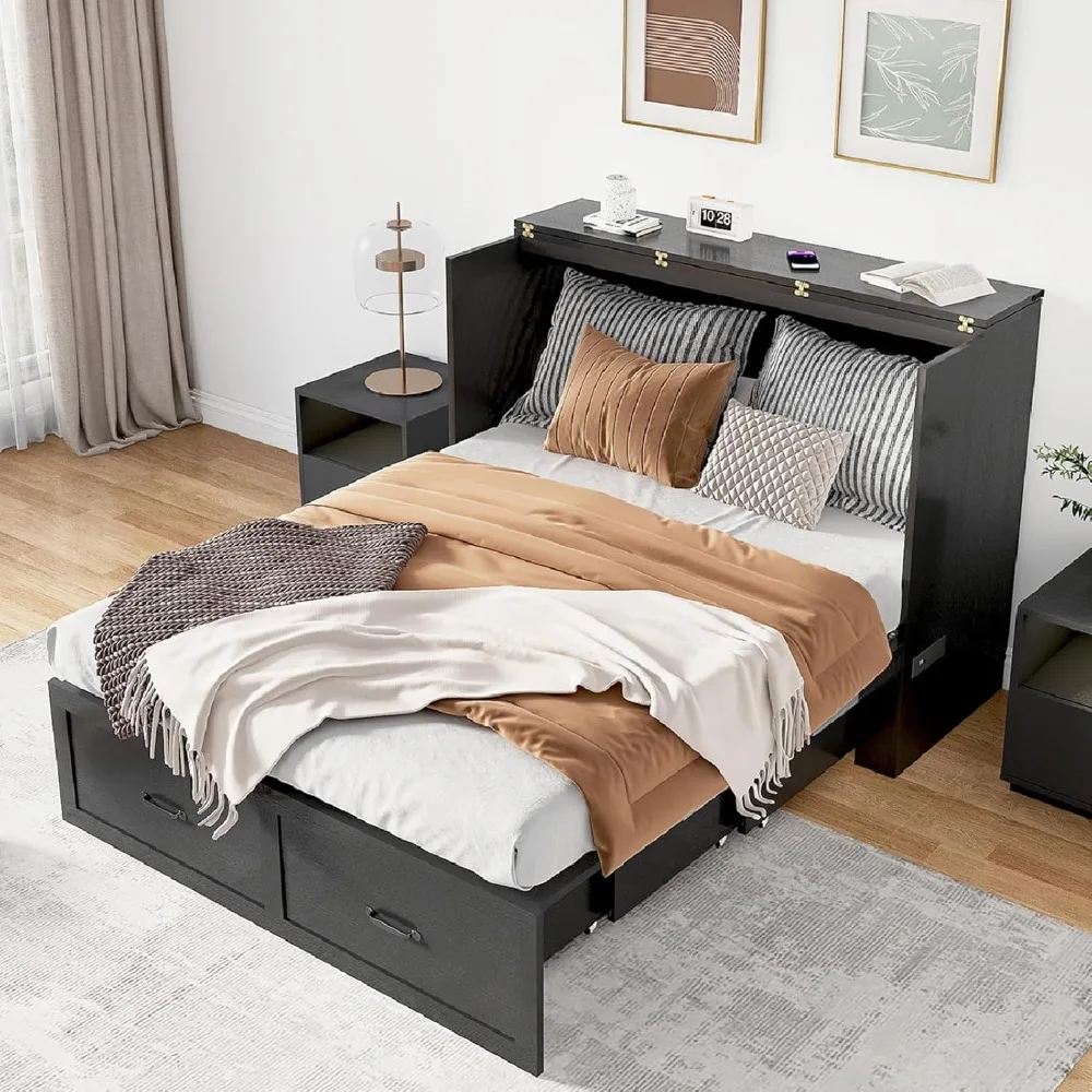 Full Size Murphy Chest Bed with Drawer and Charging Station, Farmhouse Wood Space-Saving Hidden Folding Bed Chest, Multifunction