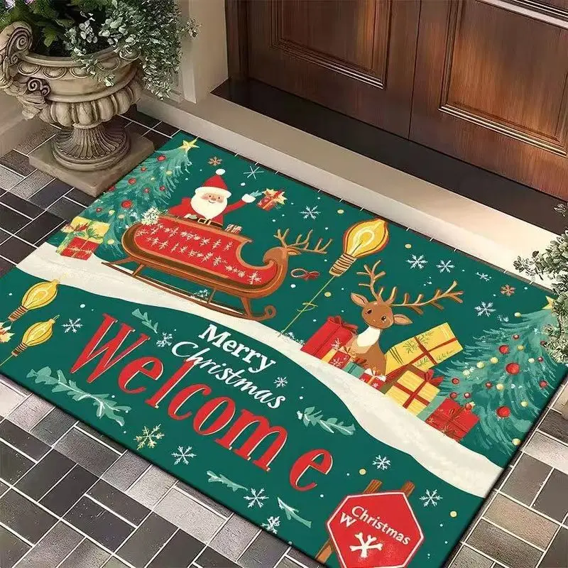 VIKAMA Merry Christmas Green Doormat Santa Sleigh Reindeer Snowflake Welcome Door Mat for Front Door Holiday Winter Home Decor