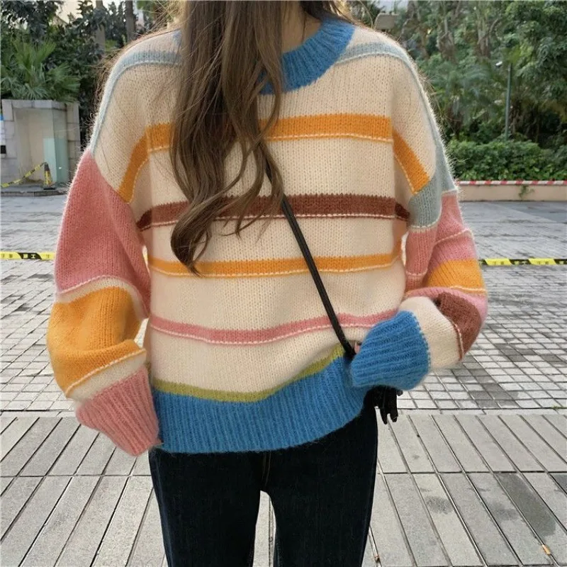 Round O Neck Kawaii Knitted Top for Women Cute Pullover Striped Ladies Sweaters Designer New Knitwear Tall Tops Jersey Modern In