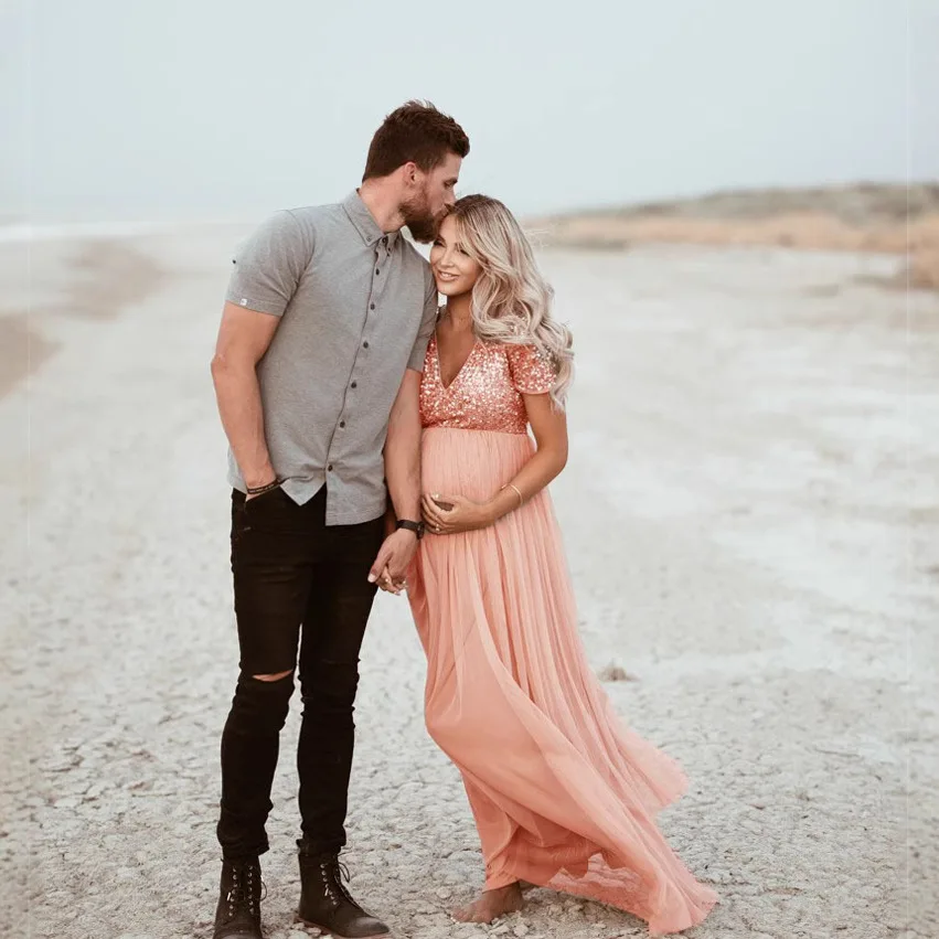 Dress for Pregnant Women Maternity Photoshoot Pregnancy Short-sleeved Round-neck Photography Long Dress Clothing Clothes
