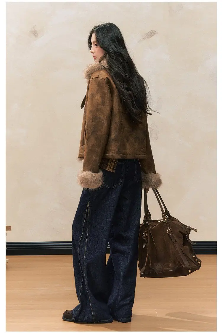 Jaqueta feminina de pele sintética outono e inverno emendada High Street Slim Fit Jaqueta curta